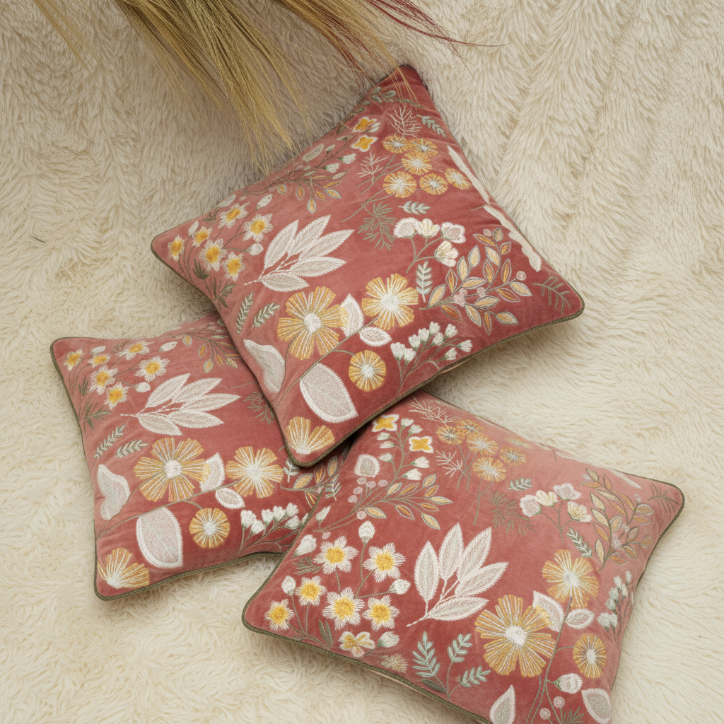 Three floral-patterned cushions on a textured surface