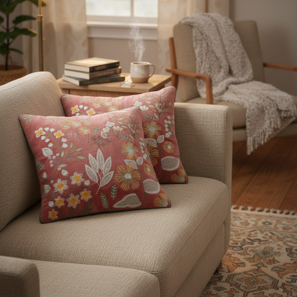 Floral patterned cushions on a beige sofa in a cozy living room.