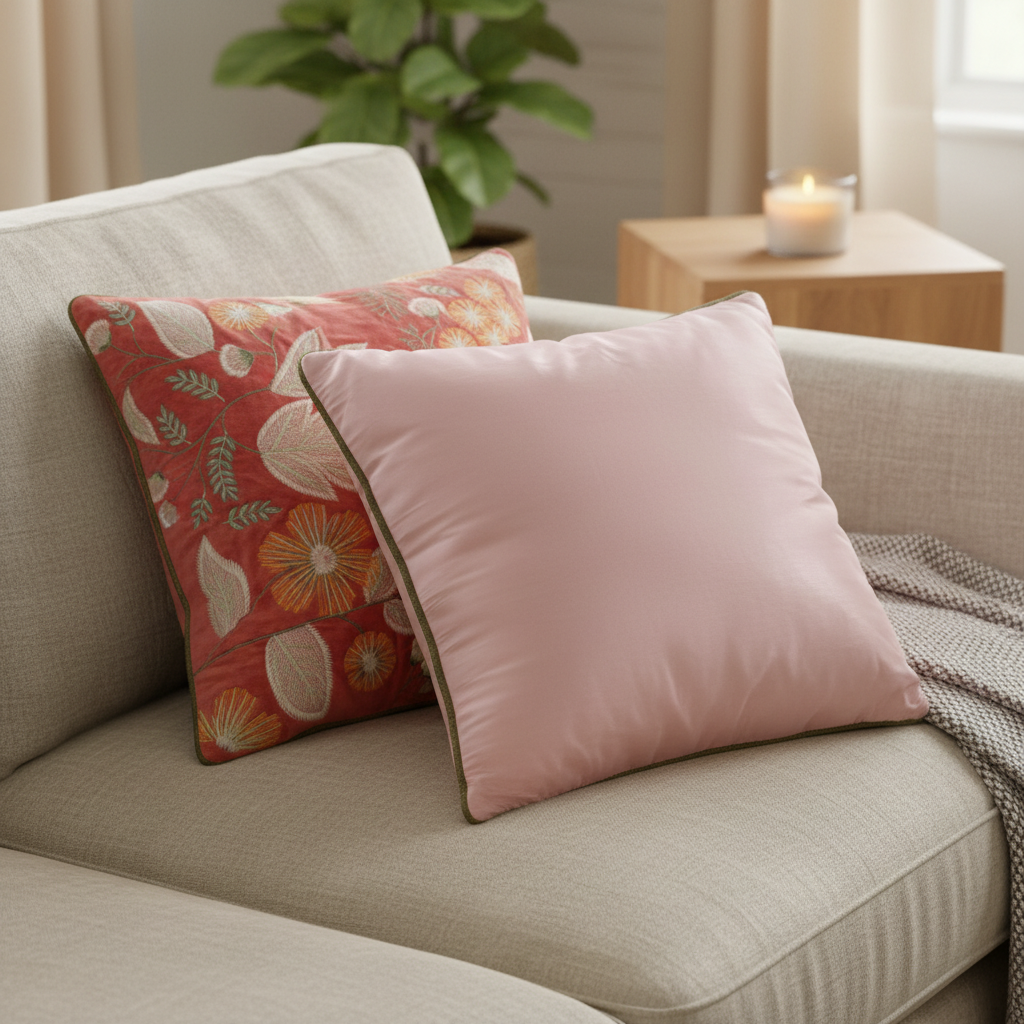 Decorative pillows on a beige sofa with a plant and candle in the background