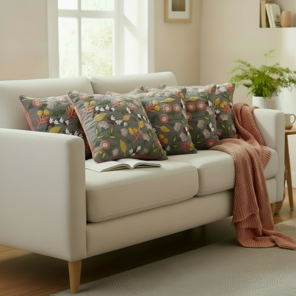 Beige sofa with floral cushions and a pink blanket in a living room setting.