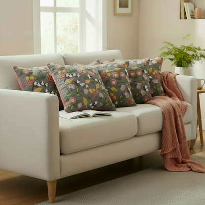 Beige sofa with floral cushions and a pink blanket in a living room setting.