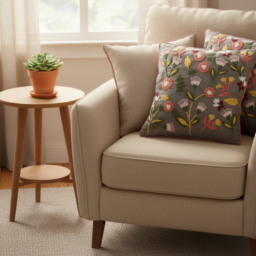 Beige armchair with floral-patterned cushions in a cozy living room setting.