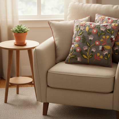Beige armchair with floral-patterned cushions in a cozy living room setting.