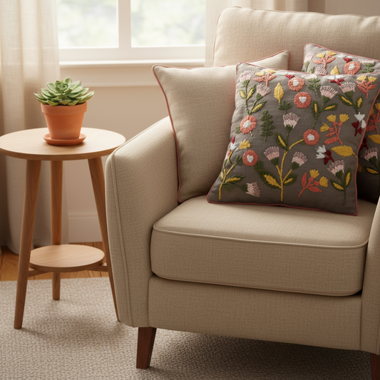 Beige armchair with floral-patterned cushions in a cozy living room setting.