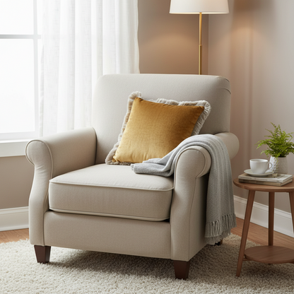 Beige armchair with a yellow pillow and gray blanket in a cozy living room.