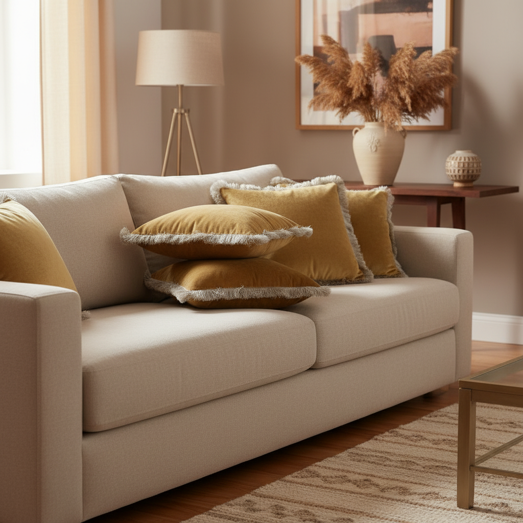 Beige sofa with yellow pillows in a living room setting