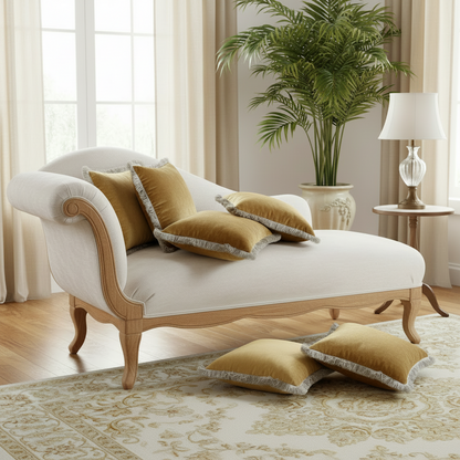 White and wooden chaise lounge with gold cushions in a living room setting.