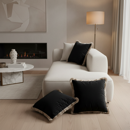 Modern living room with a white sofa, black pillows, and a fireplace.