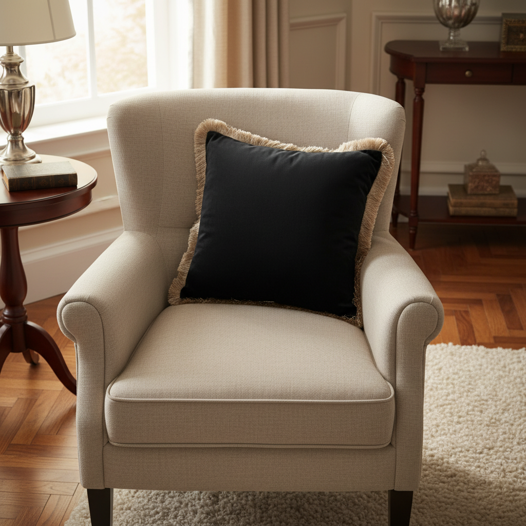 Beige armchair with a dark blue pillow in a room with wooden floors and a lamp.