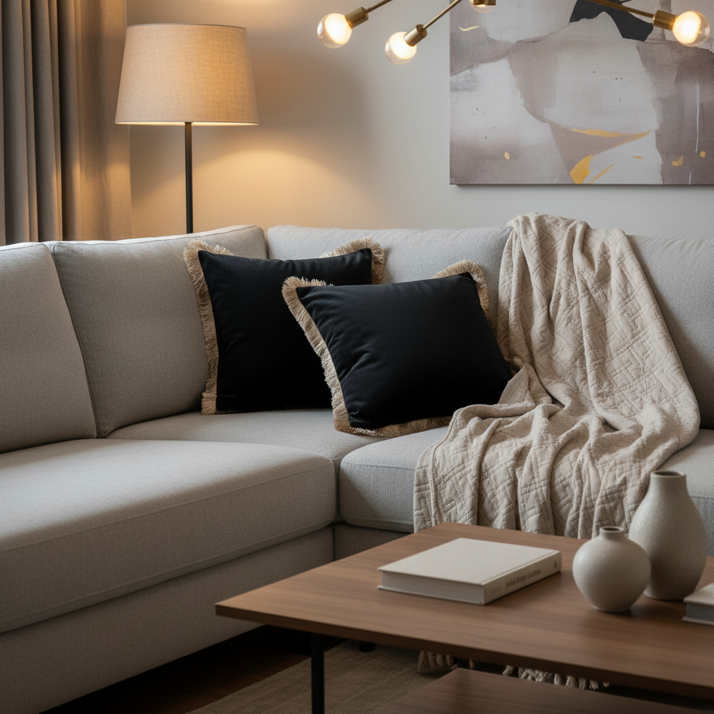 Cozy living room with a beige sofa, black pillows, and a wooden coffee table.