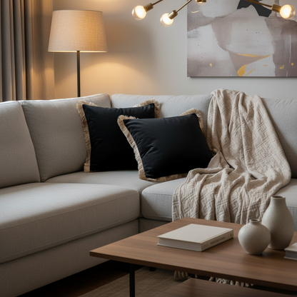 Cozy living room with a beige sofa, black pillows, and a wooden coffee table.