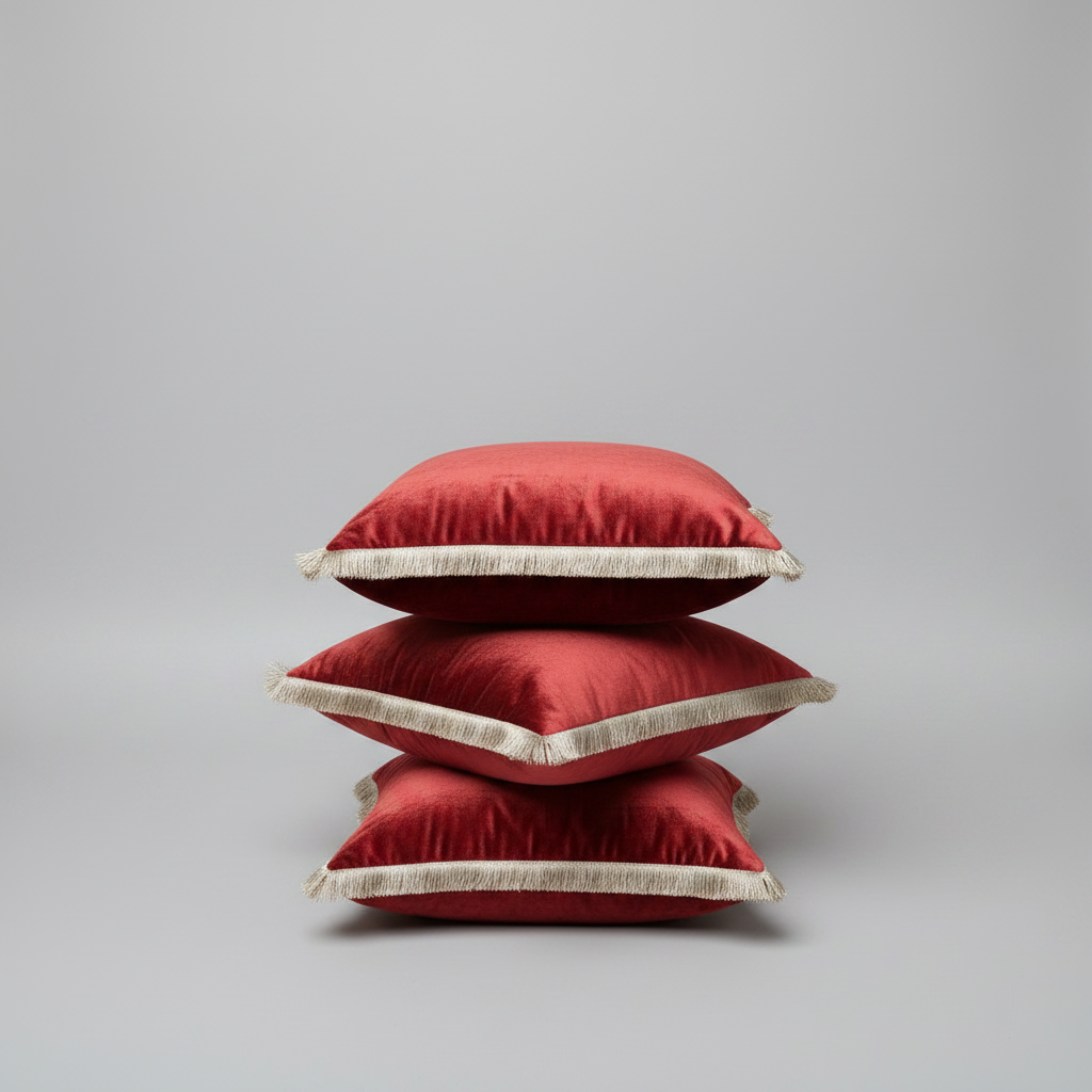 Three red pillows with gold trim stacked on a gray background