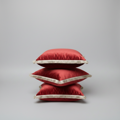 Three red pillows with gold trim stacked on a gray background