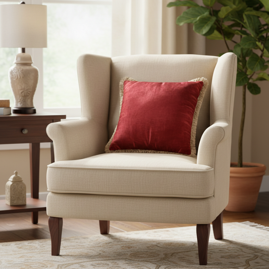 Beige armchair with a red pillow in a living room setting