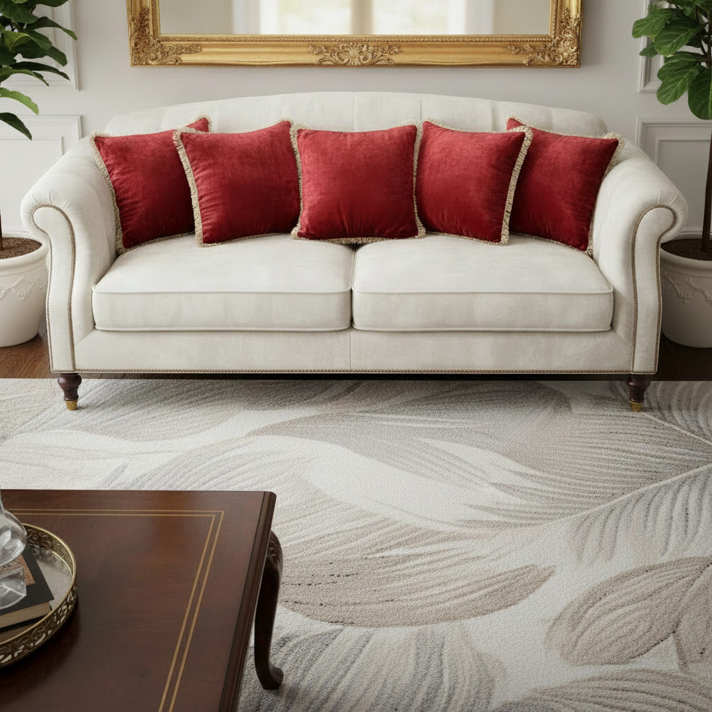White sofa with red cushions in a living room setting