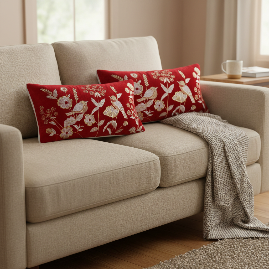 Beige sofa with red floral cushions and a gray blanket in a living room setting.