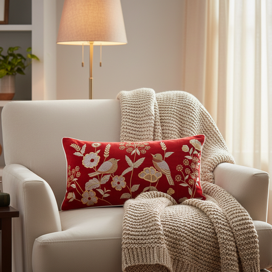 Cozy living room with a white armchair, red floral pillow, and a lamp.