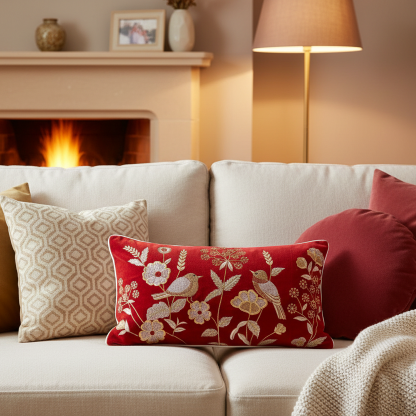 Cozy living room with a fireplace, lamp, and decorative pillows on a sofa.