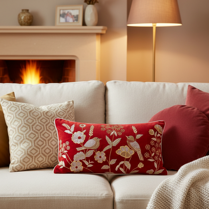 Cozy living room with a fireplace, lamp, and decorative pillows on a sofa.
