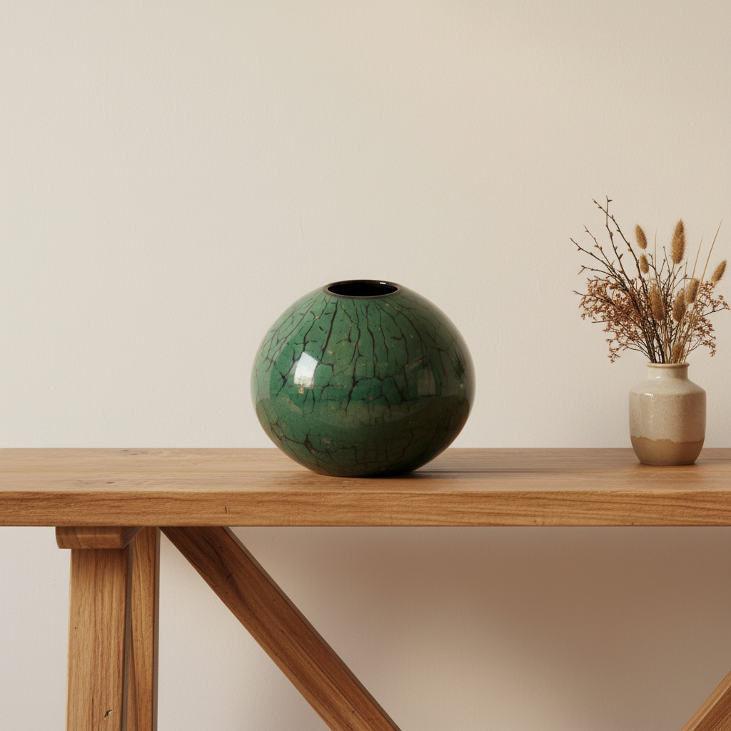 Green ceramic vase with crackle glaze on a white background