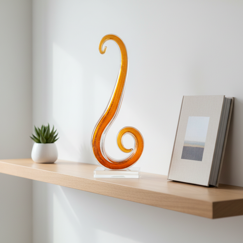 Glass sculpture with orange and clear swirls on a white background