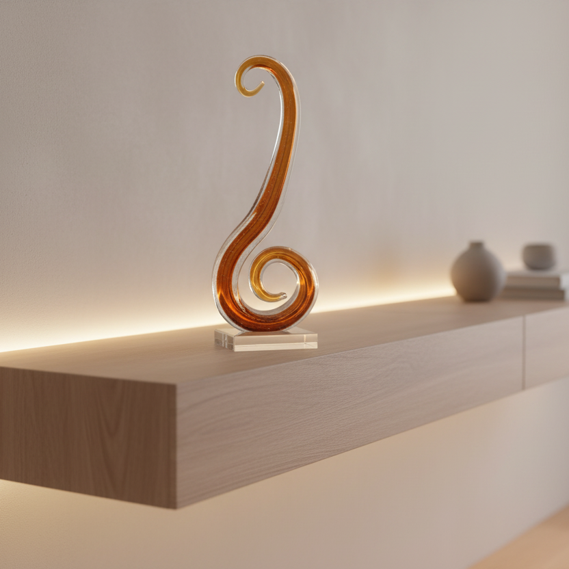 Wooden shelf with decorative object against a neutral wall