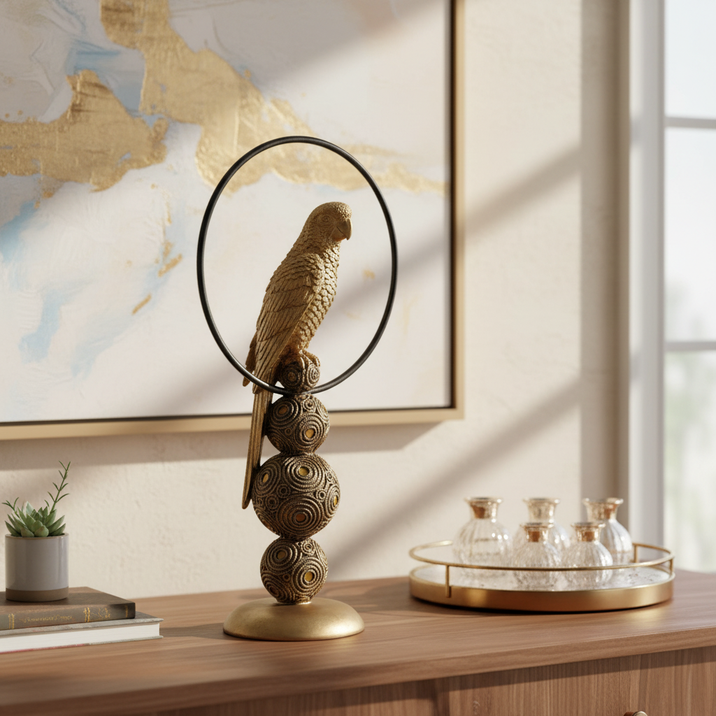 Decorative item with bird perched on a branch with spherical elements on a white background