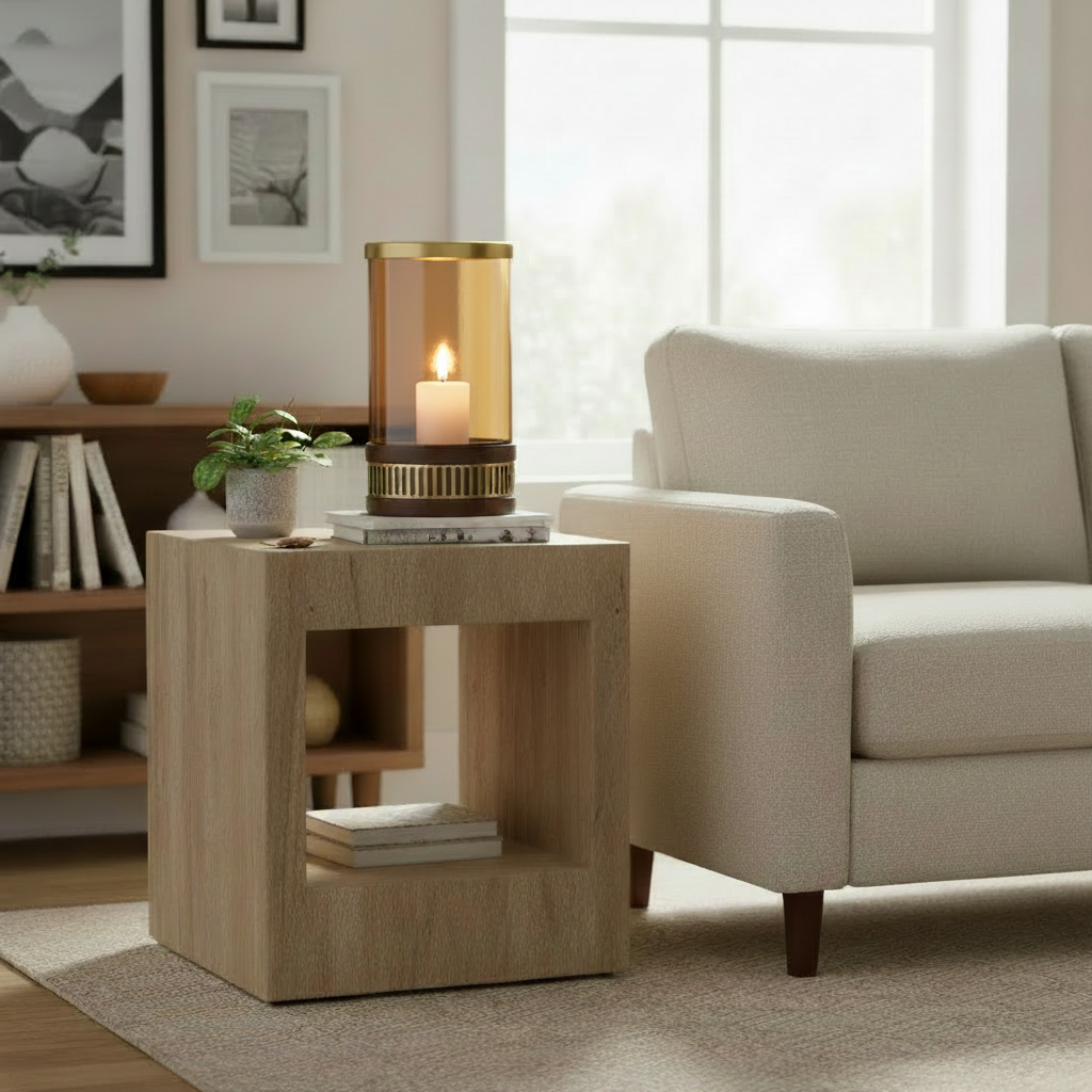 Modern living room with a wooden side table, candle, and sofa.