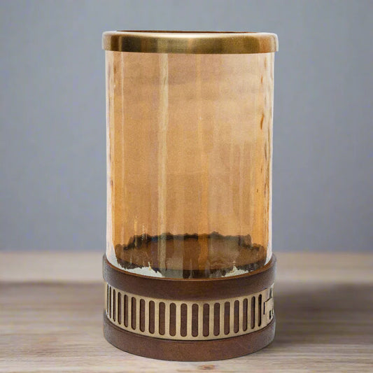 Amber Glass and Wood Pillar Candle Holder with Metallic Base (Medium)