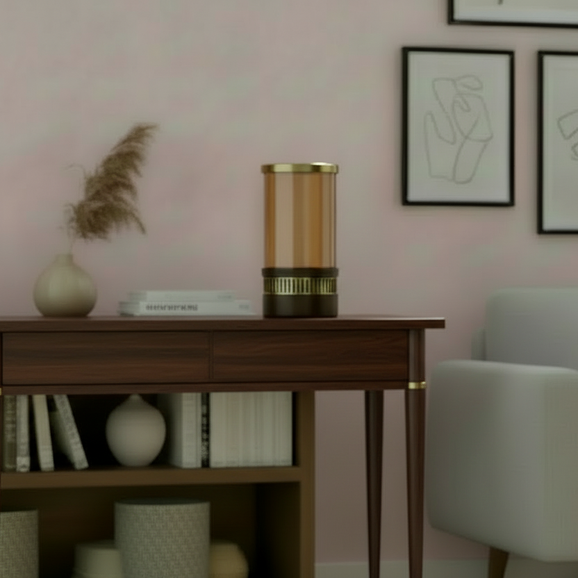 Living room with beige sofa, wooden side table, and decorative items.