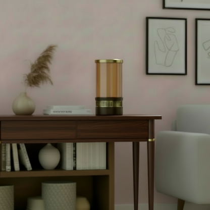 Living room with beige sofa, wooden side table, and decorative items.