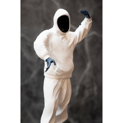 White hooded outfit with blue gloves on a dark background