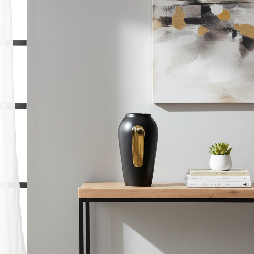 Black vase with gold accents on a wooden table against a gray wall with abstract art.