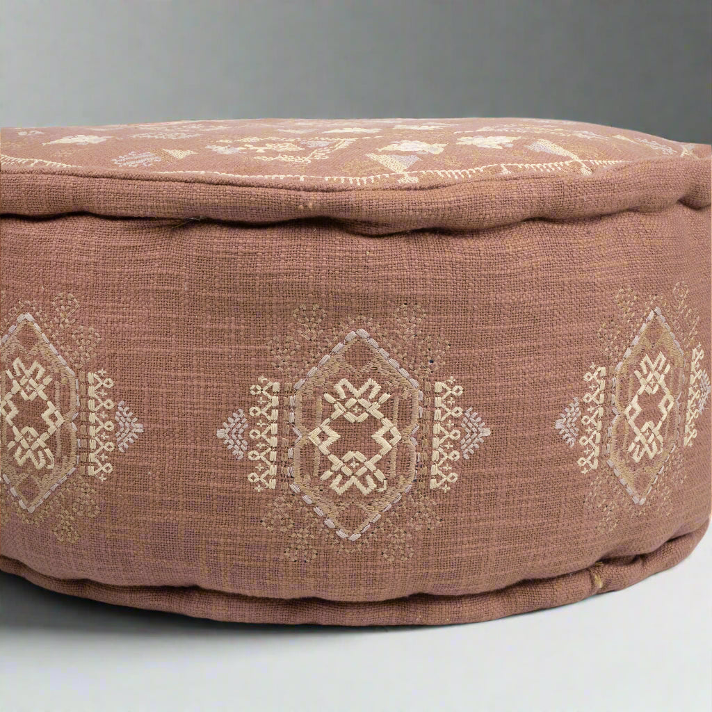 Terra Cotta Embroidered Moroccan Pouf