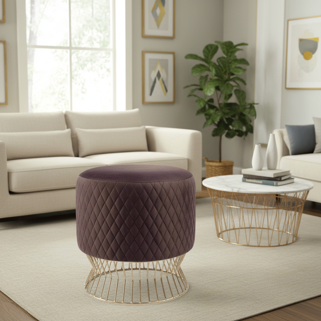 Living room with a beige sofa, purple ottoman, and a coffee table.