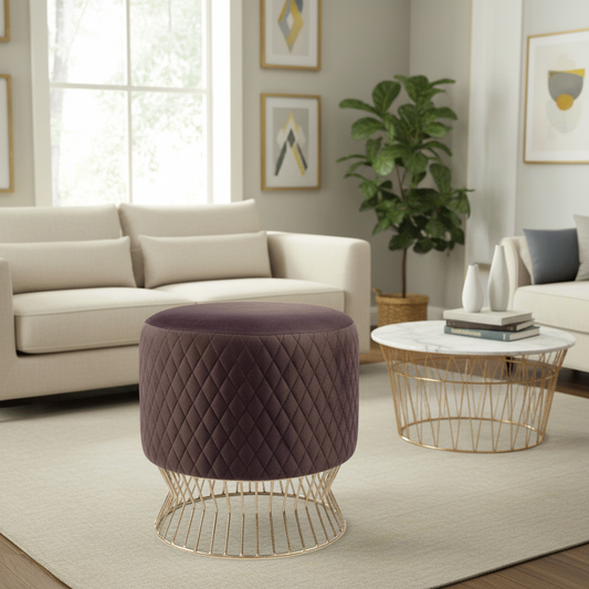 Living room with a beige sofa, purple ottoman, and a coffee table.