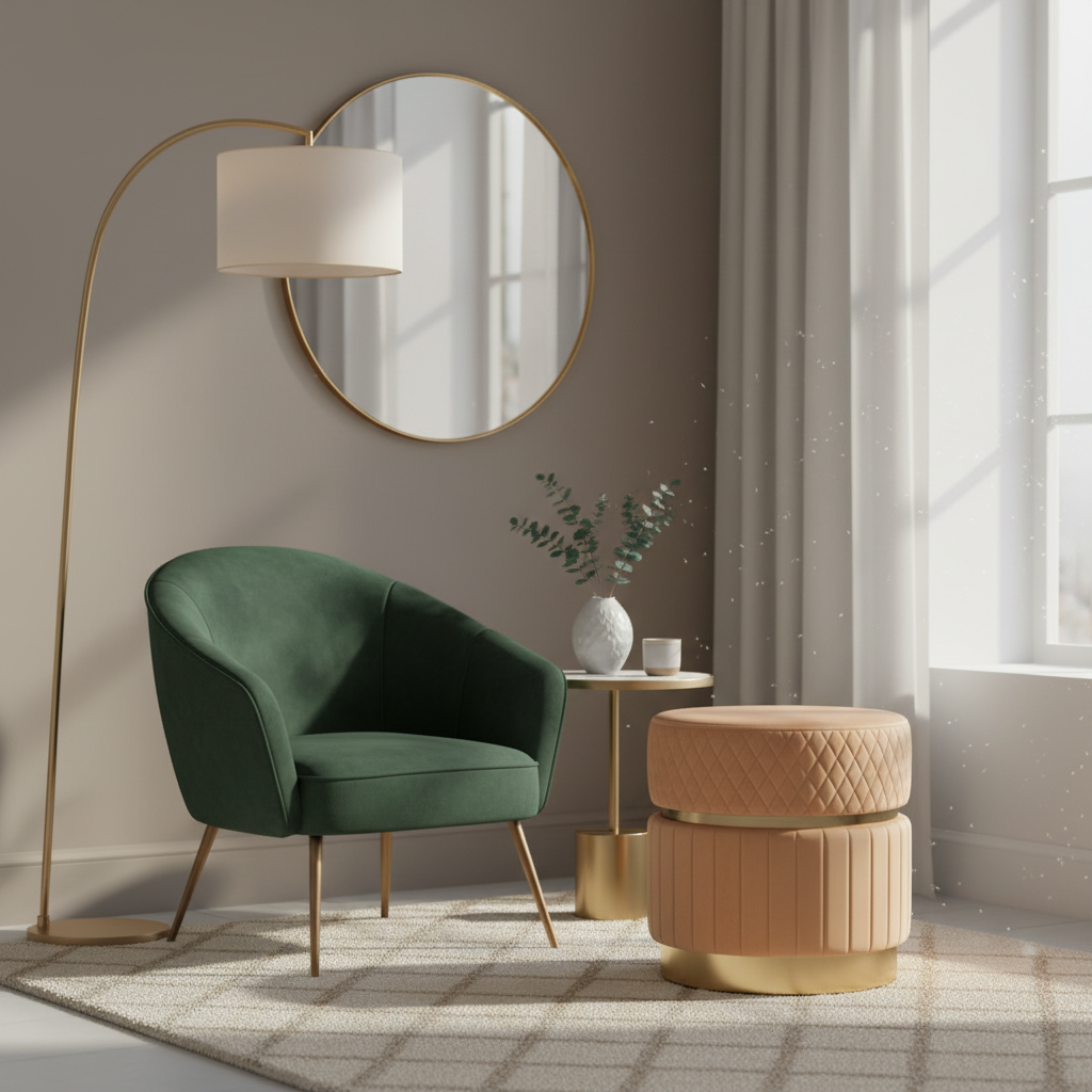 Modern living room with a green chair, round mirror, and wooden ottoman.