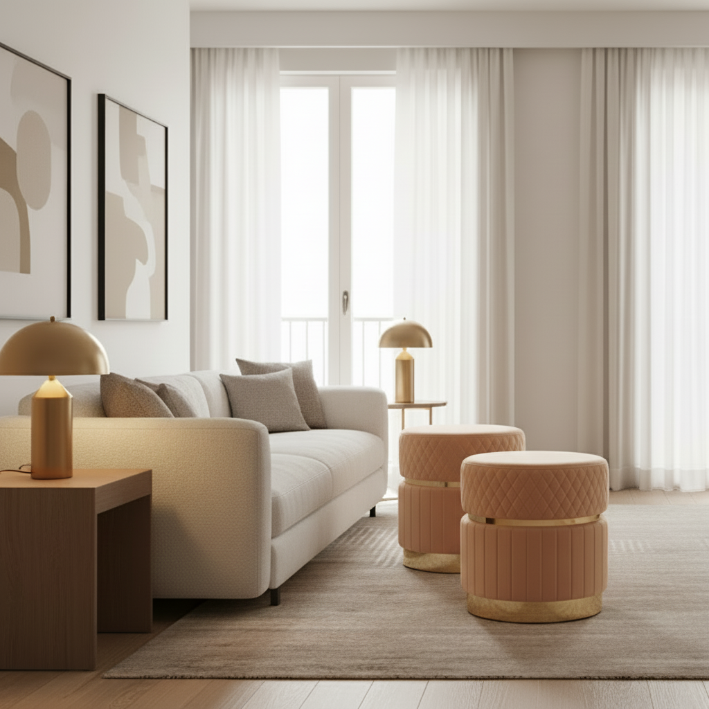 Glamorous Two-Tiered Velvet Ottoman in Camel