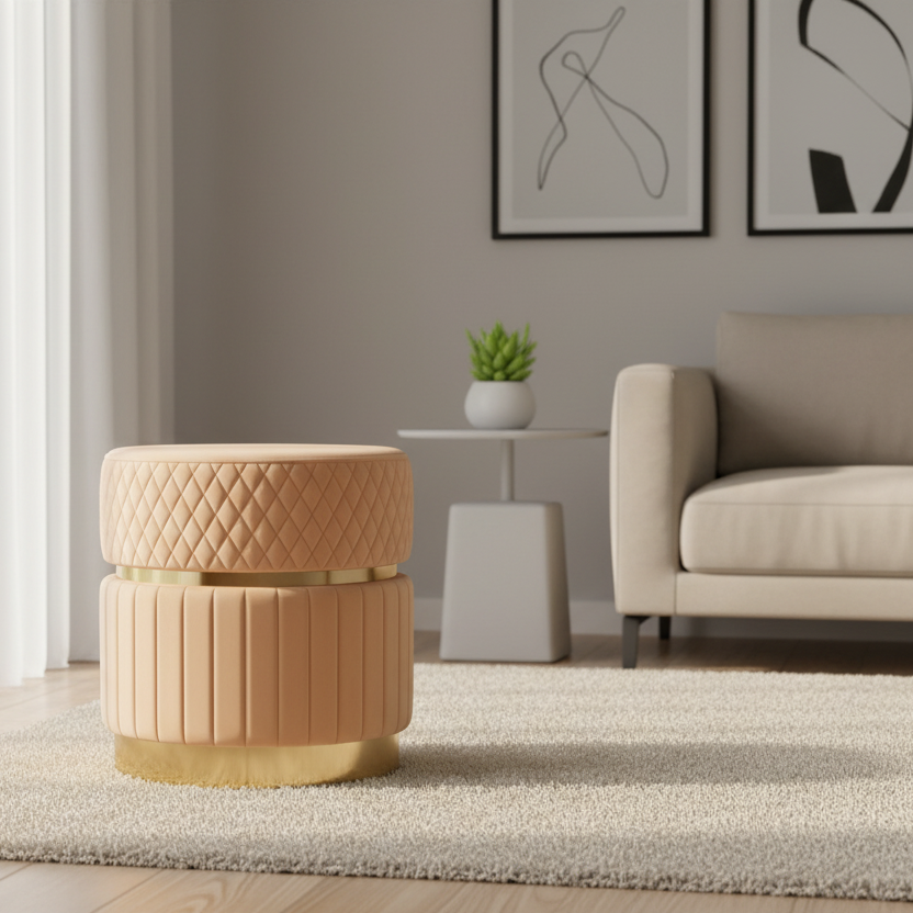 Wooden ottoman in a living room setting with a sofa and decorative items.