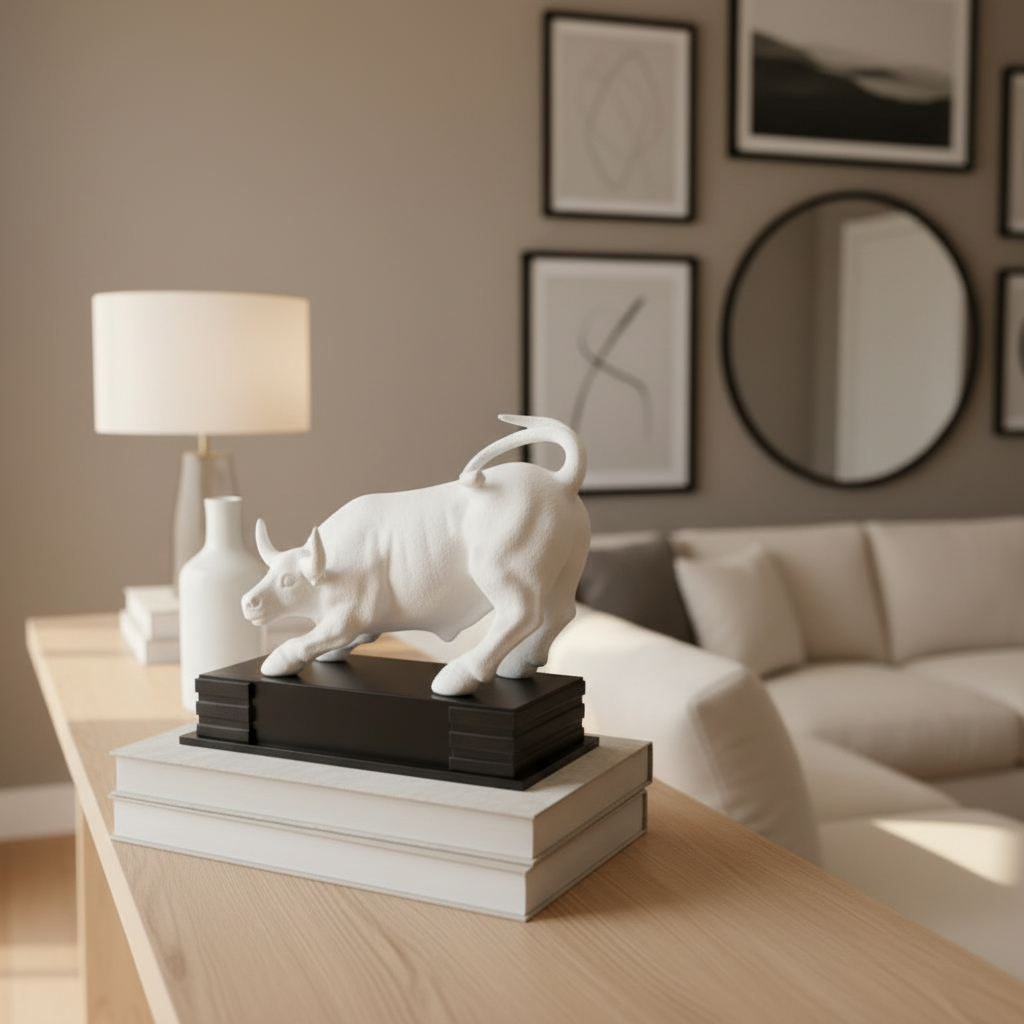 White bull statue on books in a living room setting with a lamp and couch.