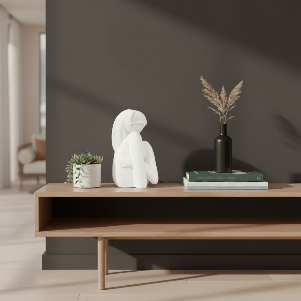 Wooden shelf with decorative items including a white sculpture, black vase, and books against a dark wall.