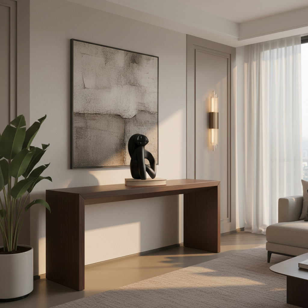 Modern interior with a wooden console table, abstract art, and a plant.