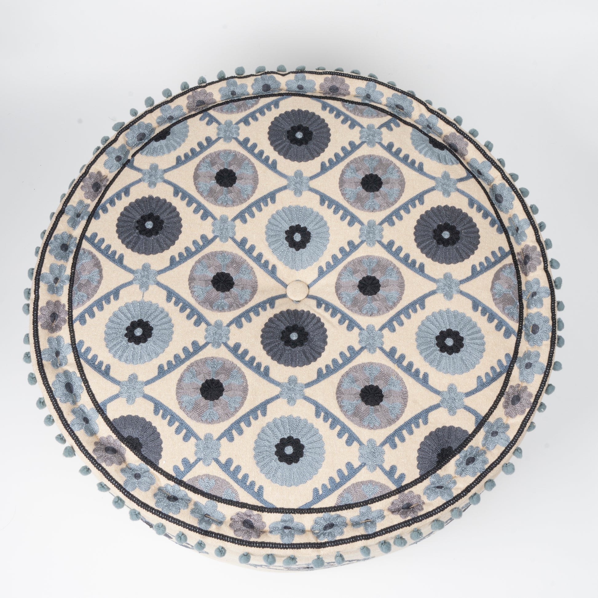 Round decorative mat with blue and gray floral pattern on a white background