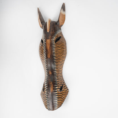 Earthy Toned Hand-Carved Zebra Mask with Wavy Stripes