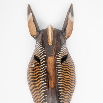 Earthy Toned Hand-Carved Zebra Mask with Wavy Stripes