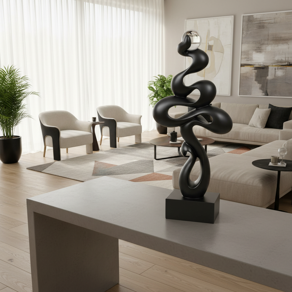 Modern living room with a black abstract sculpture on a table