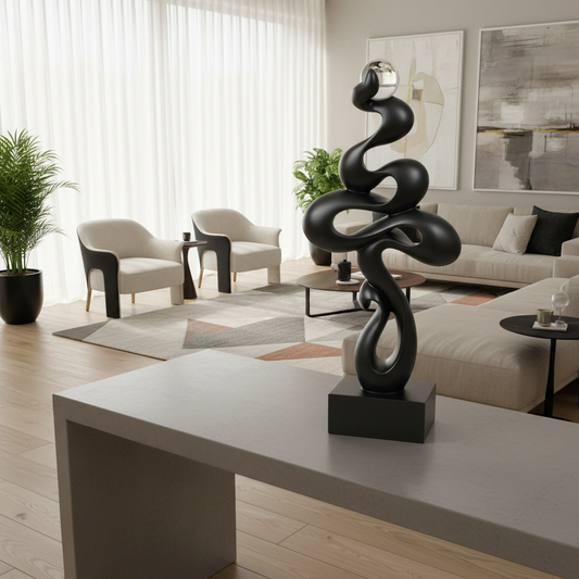 Modern living room with a black abstract sculpture on a table