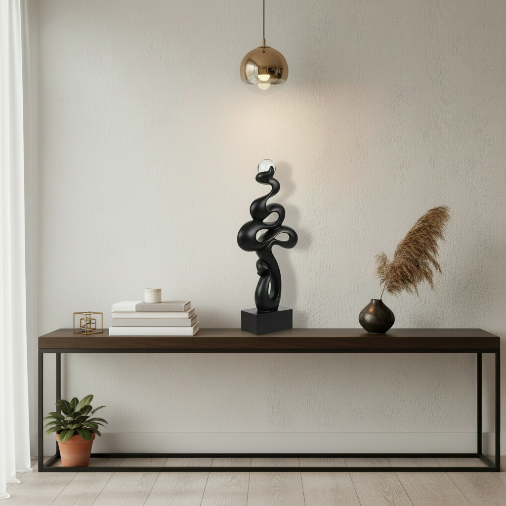 Modern interior with a console table featuring a black abstract sculpture, books, and decorative items.
