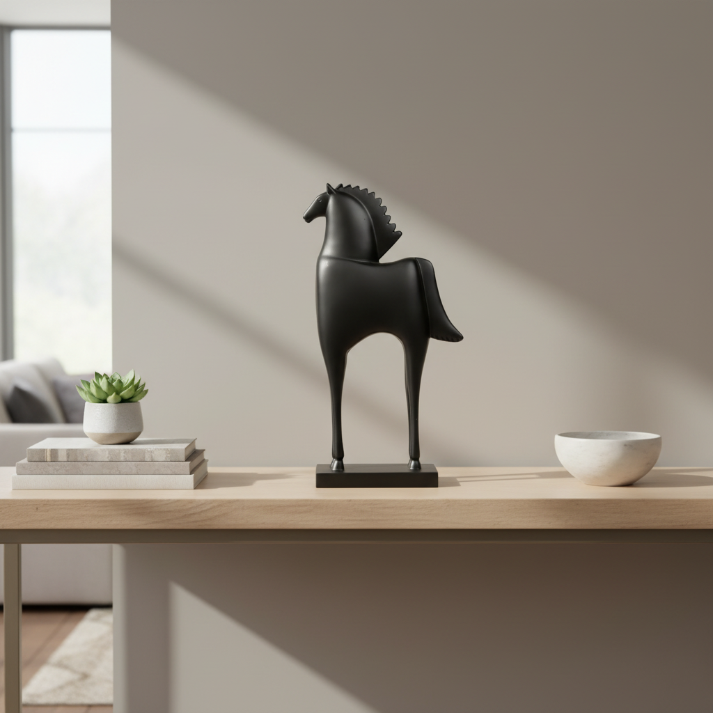 Black horse sculpture on a wooden surface with a gray background