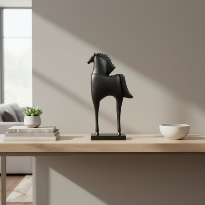 Black horse sculpture on a wooden surface with a gray background